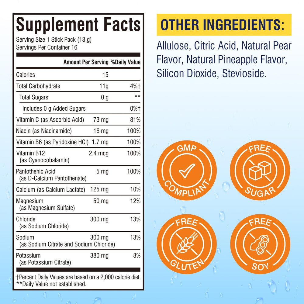 Vitalibre electrolytes powder packet dispense: quick hydration with zero sugar and vitamins.