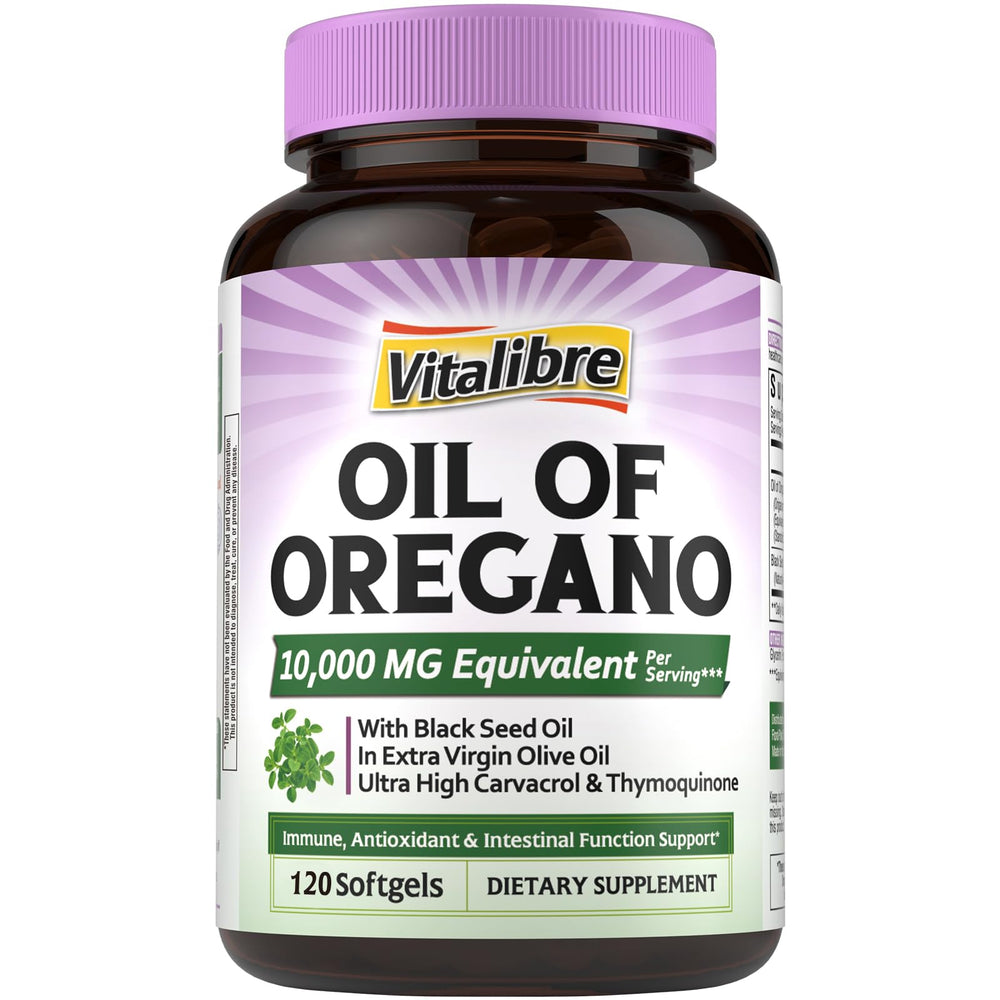 Vitalibre Oil of Oregano 10000mg with Black Seed Oil 20:1 extract bottle and 120 softgels