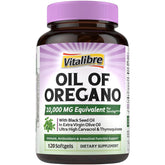 Vitalibre Oil of Oregano 10000mg with Black Seed Oil 20:1 extract bottle and 120 softgels