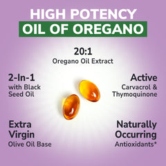 Close-up of 20:1 oregano oil extract and softgels packaging