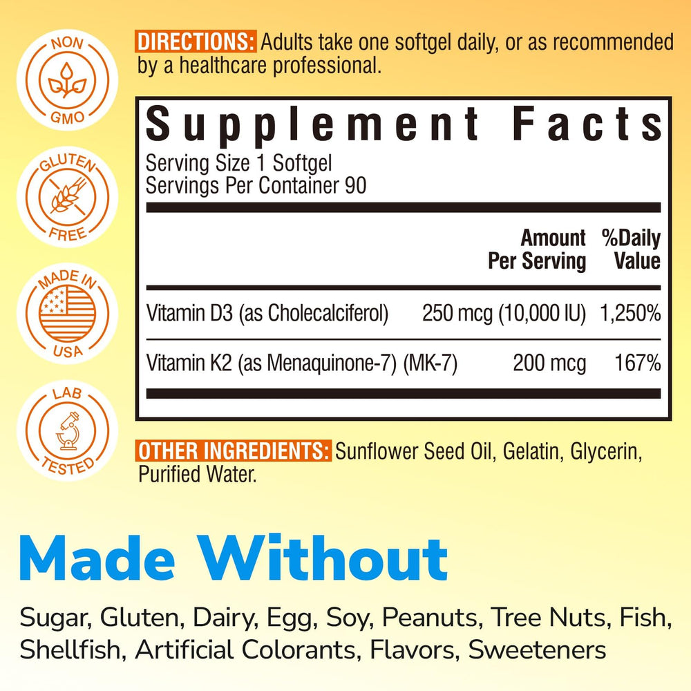 High-potency Vitamin D3 10000 IU and Vitamin K2 MK7 softgels