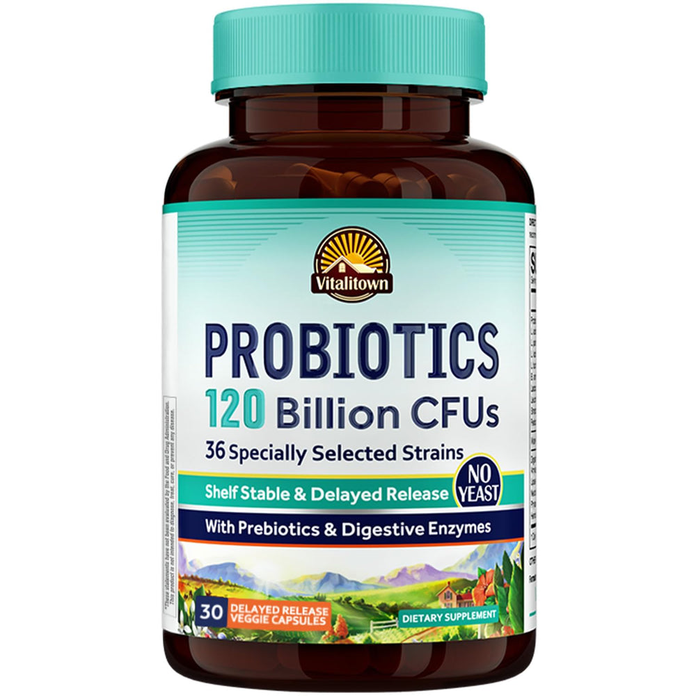 Vitalitown Probiotics bottle showing 120 Billion CFUs and 36 strains