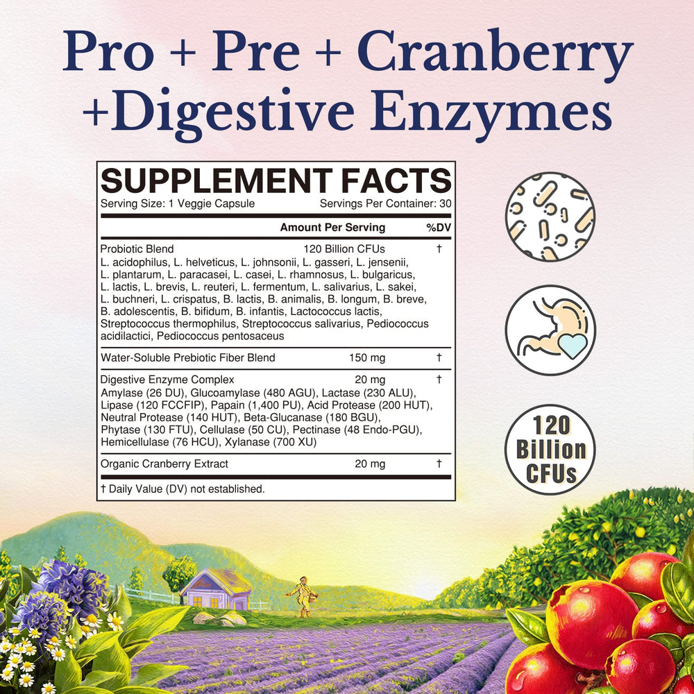 Probiotics with prebiotics, digestive enzymes, and organic cranberry.