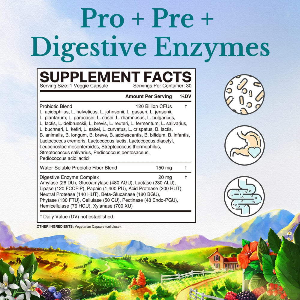 Probiotic formula with prebiotics and digestive enzymes per capsule