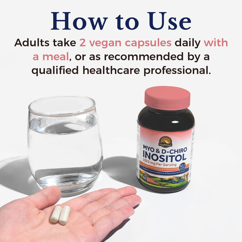 Supplement facts label on Vitalitown bottle displaying myo and d‑chiro amounts