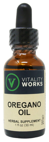 Vitality Works oregano oil bottle 1 oz with amber glass