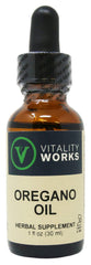Vitality Works oregano oil bottle 1 oz with amber glass