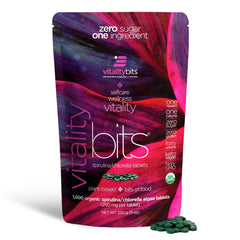 Close-up of VITALITYbits spirulina and chlorella tablets
