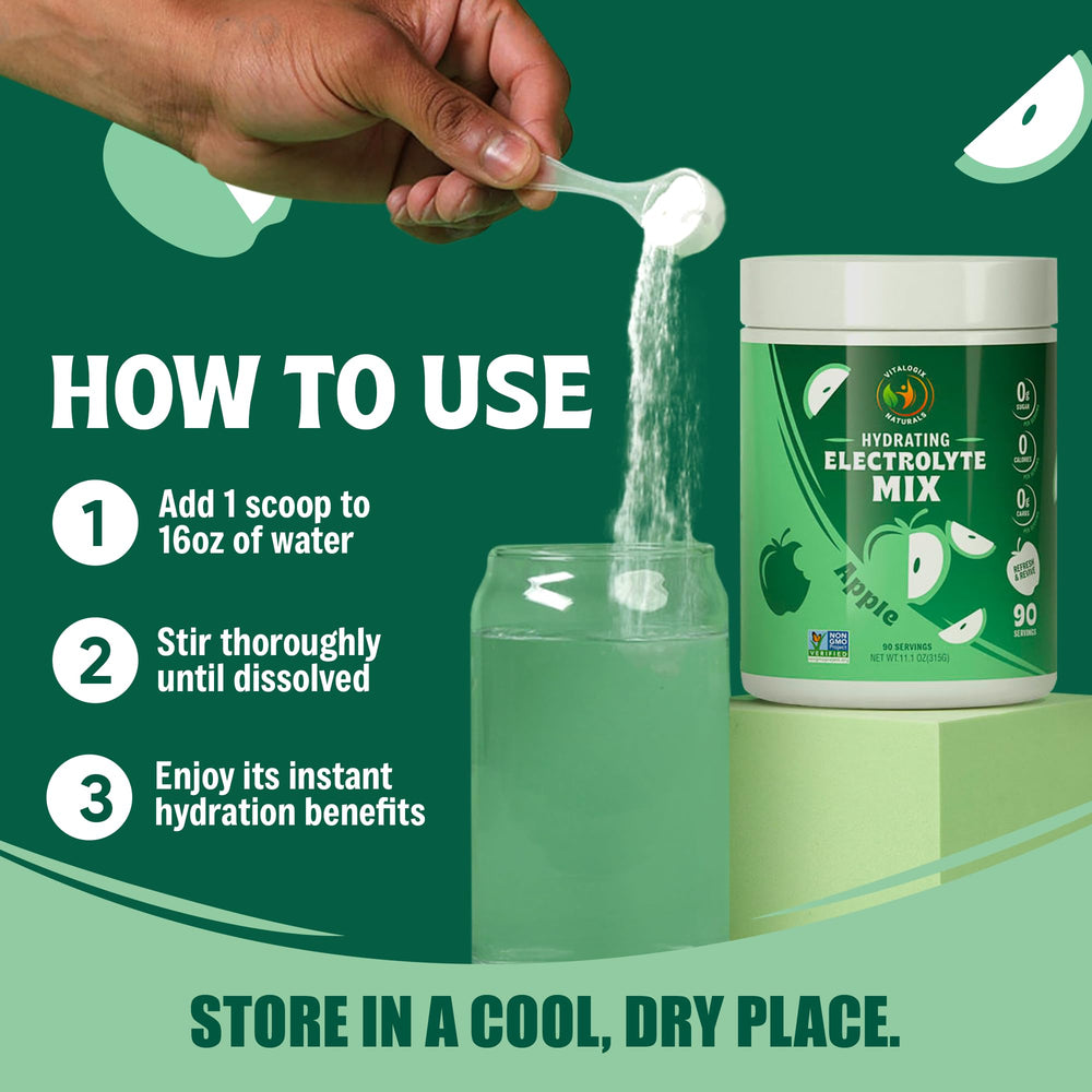 Vitalogix Naturals Apple electrolyte powder bag on travel setup suggests convenient hydration on the go