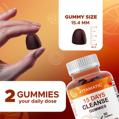 Vitamatic gummies fruit flavor closeup suggests tasty digestion-support option.