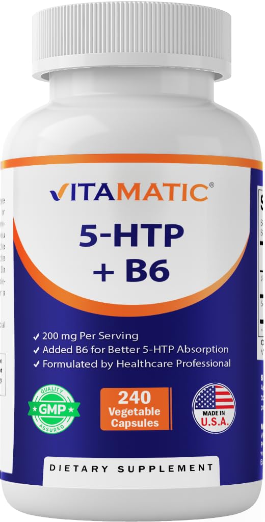 Vitamatic 5-HTP bottle label showing 200mg per serving with 5mg B6