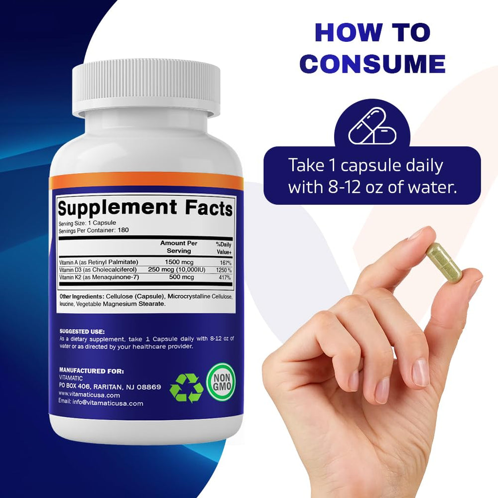 Graphic showing Vitamin A, D3, and K2 composition