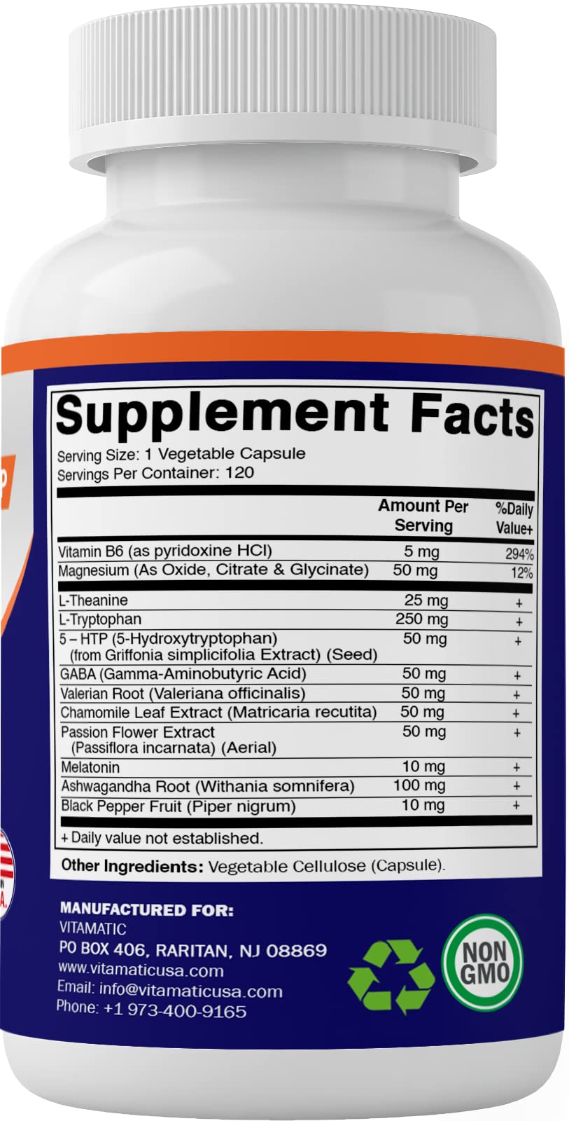 Nightstand setup featuring Vitamatic Advanced Sleep Aid bottle