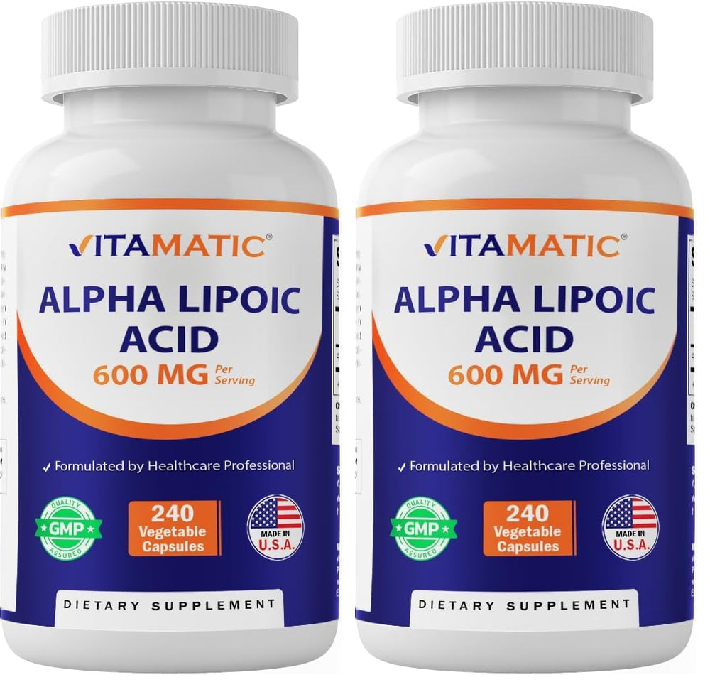 Vitamatic Alpha Lipoic Acid 600mg bottle label with capsules
