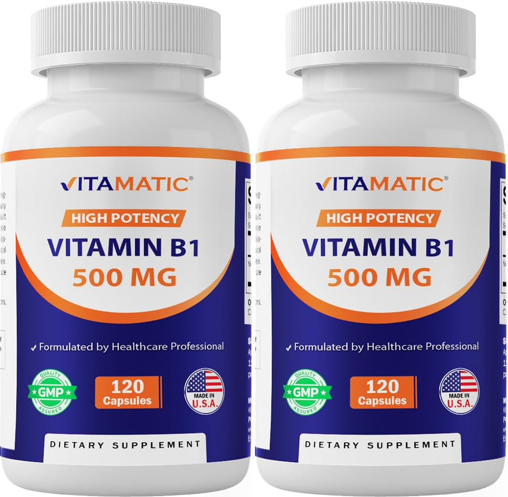 Vitamatic Vitamin B1 Thiamine 500mg bottle label close-up