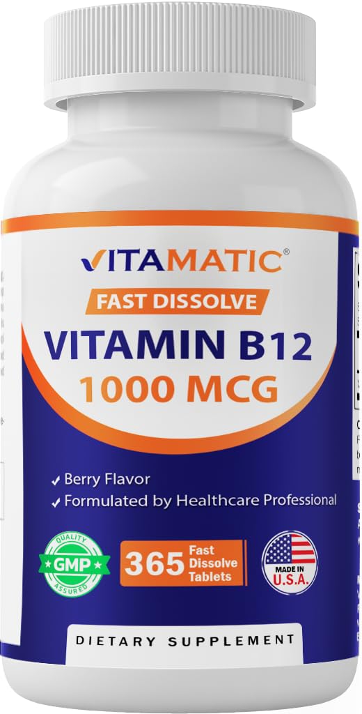 Front view of Vitamatic Vitamin B12 1000 mcg Berry Flavor bottle with 365 tablets