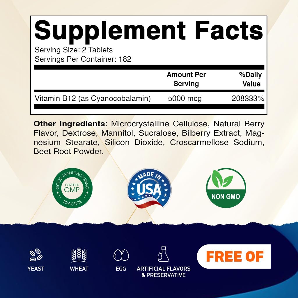 Close-up of Vitamatic B12 5000 mcg berry flavor fast-dissolve tablet Close-up of Vitamatic B12 5000 mcg berry flavor fast-dissolve tablet