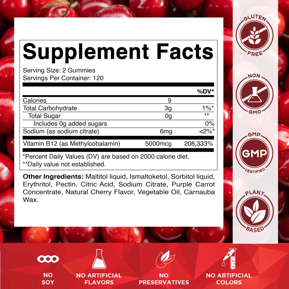 Close-up of Vitamatic B12 Gummies 5000mcg cherry gummy