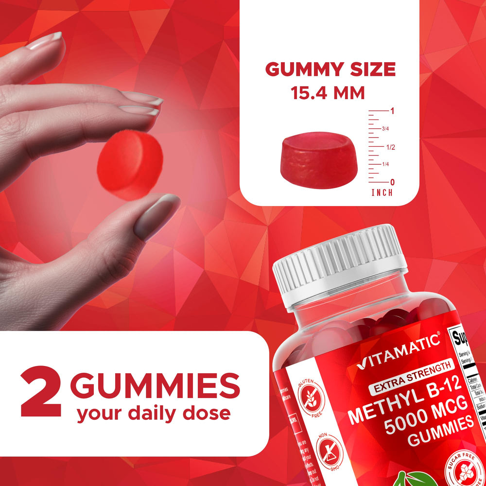 Back packaging of Vitamatic B12 Gummies 5000mcg cherry