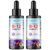 Vitamatic Vitamin B12 liquid bottle with berry flavor and dropper