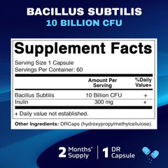 Vitamatic Bacillus Subtilis 10B DR Capsule bottle back with ingredients