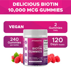 Raspberry-flavored Vitamatic Biotin Gummies label close-up