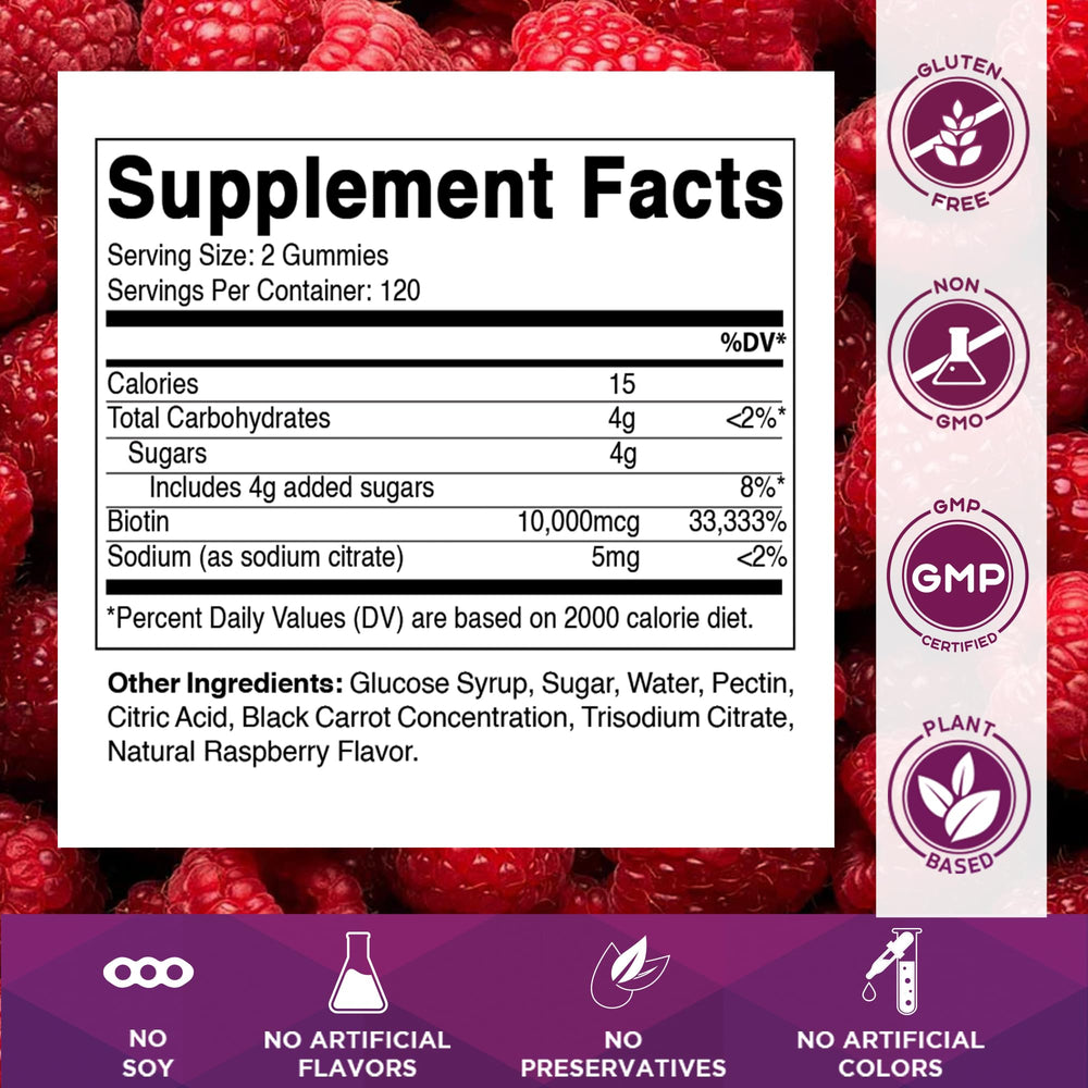 Vitamatic Biotin Gummies 10,000 mcg raspberry flavor gummies side view