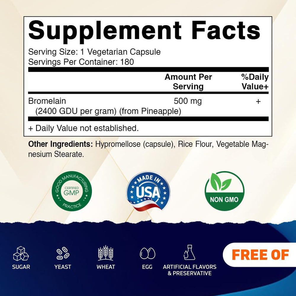 Vitamatic Bromelain 500mg bottle back with supplement facts