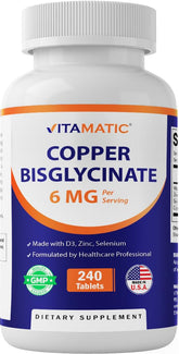 Bottle of Vitamatic Copper Bisglycinate 6 mg with D3, Zinc, and Selenium