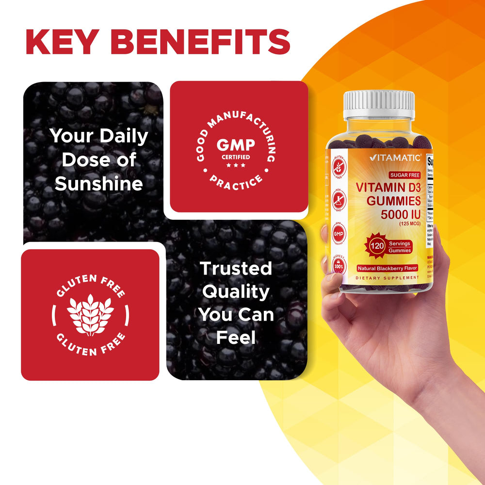 Close-up of blackberry flavored Vitamatic D3 5000 IU gummies