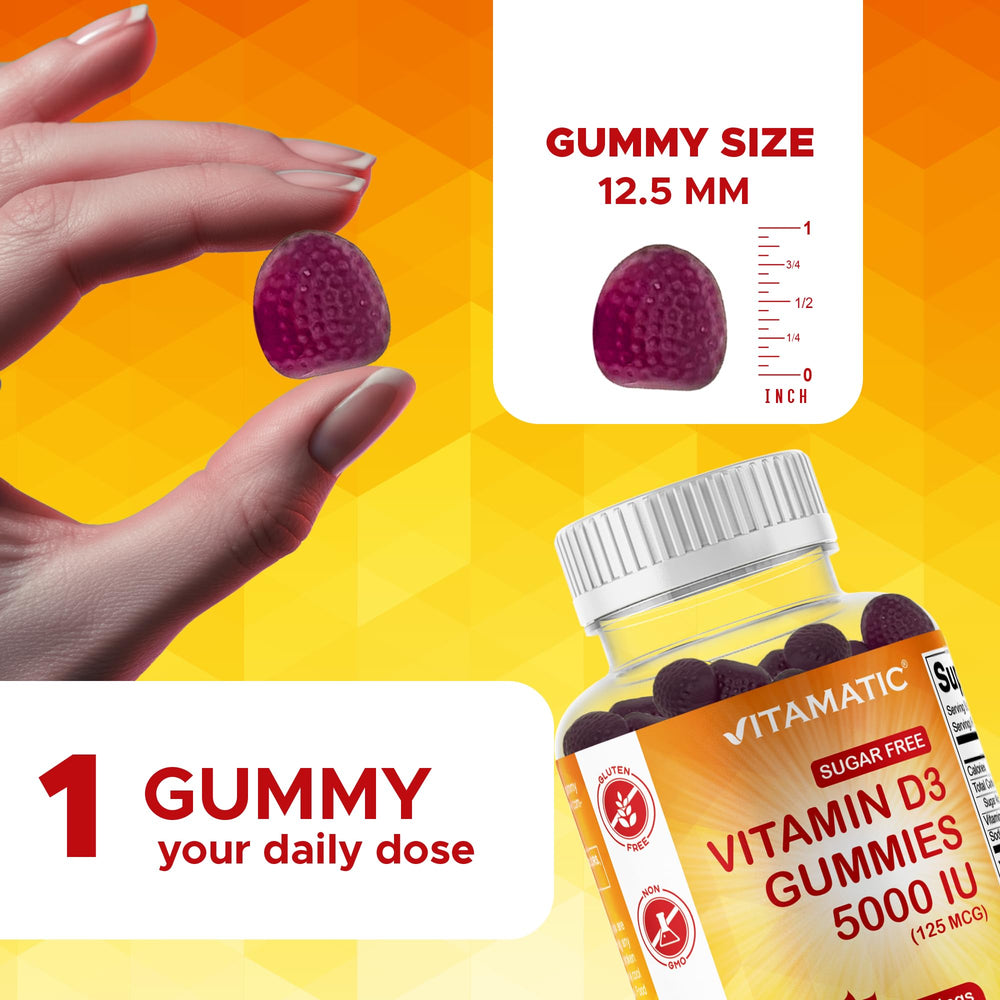 Gummy bottle label close-up for Vitamatic D3 5000 IU