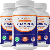 Vitamatic D3 50,000 IU three-pack bottles on white background