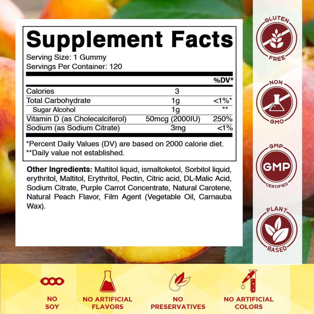 Back label of Vitamatic sugar-free D3 peach gummies bottle showing supplement facts