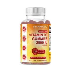Vitamatic sugar-free vitamin D3 2000 IU peach gummies bottle front