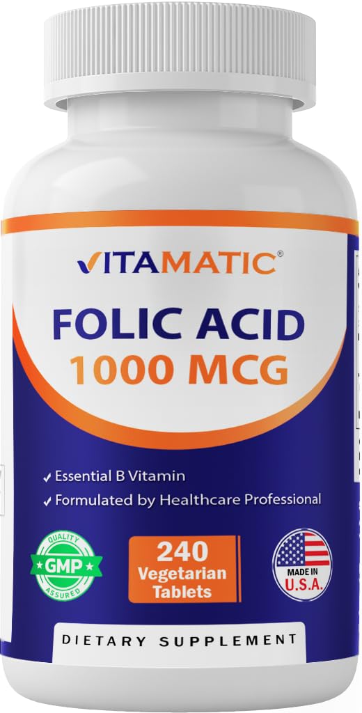 Front view of Vitamatic Folic Acid bottle with 240 count label