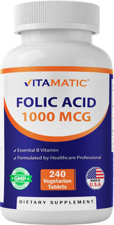 Front view of Vitamatic Folic Acid bottle with 240 count label