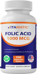 Front view of Vitamatic Folic Acid bottle with 240 count label