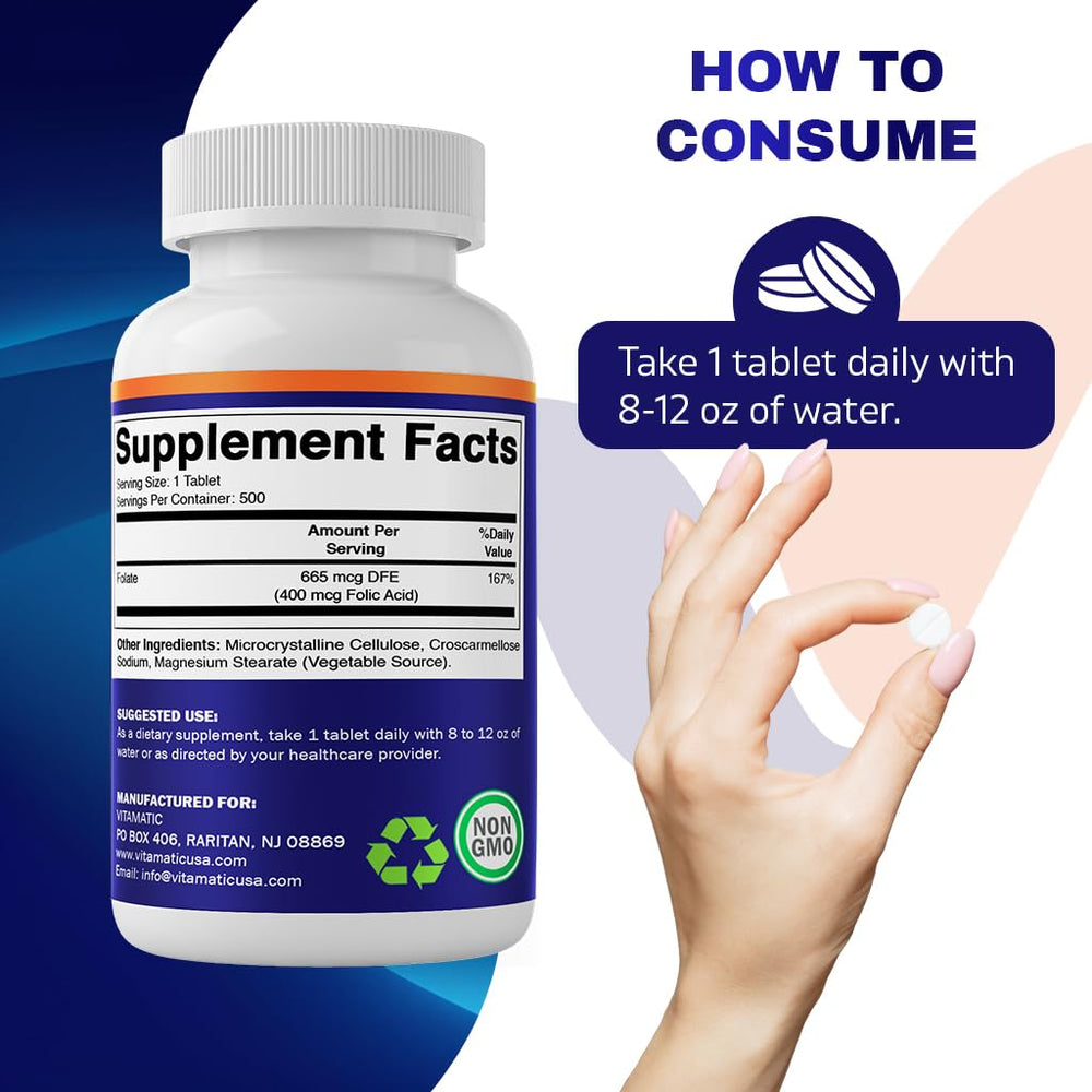 Close-up of Vitamatic Folic Acid 400 mcg label