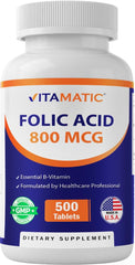 Vitamatic Folic Acid 800 mcg bottle and packaging