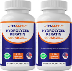 Bottle of Vitamatic Hydrolyzed Keratin 500mg with 120 vegetarian capsules