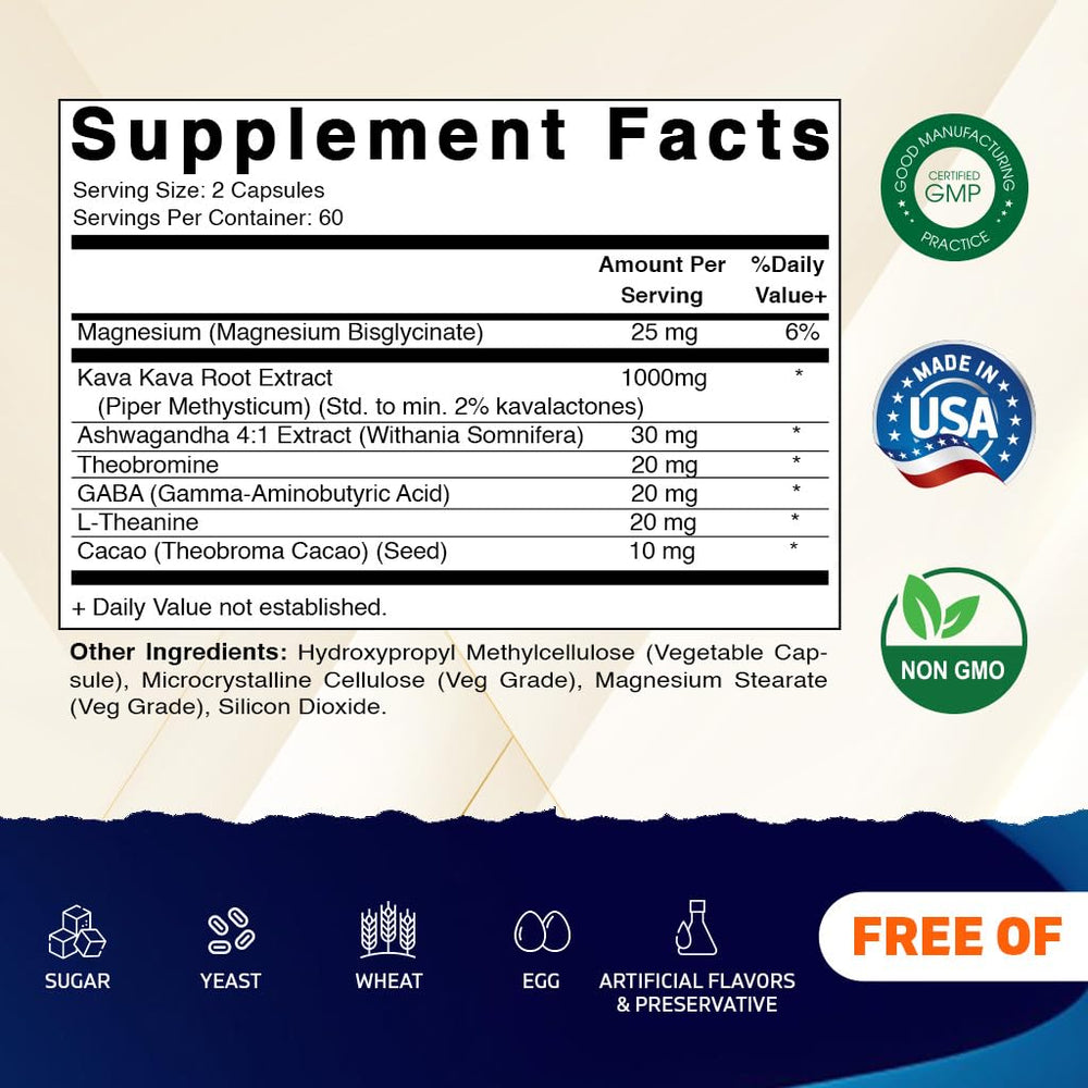 Kava Kava root extract with 2% kavalactones per serving