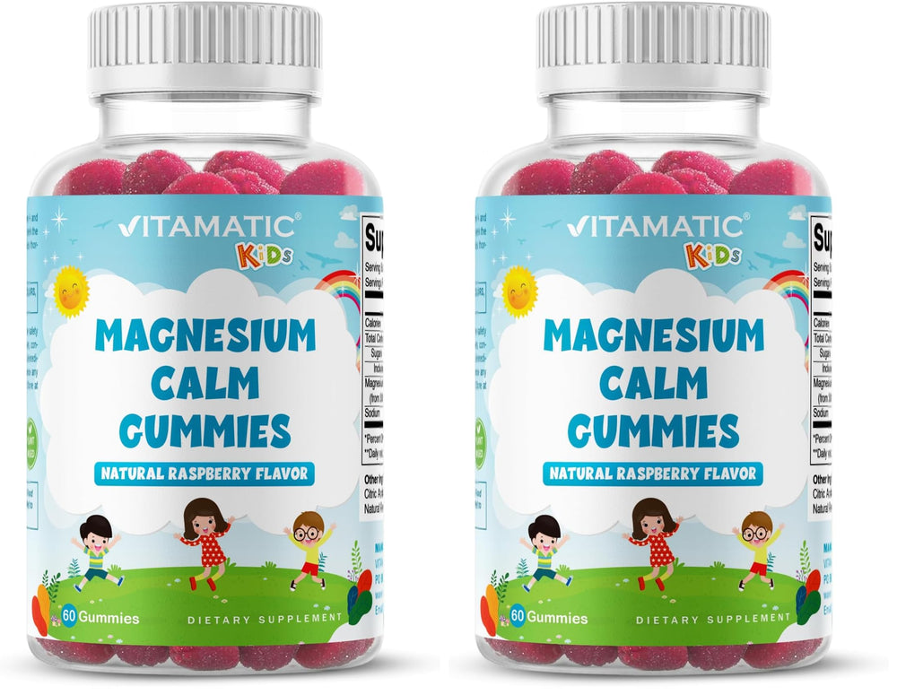 Two bottles of Vitamatic Kids Magnesium Calm Gummies Raspberry flavor in a pack of two