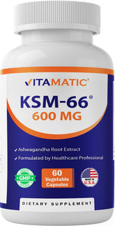 Bottle of Vitamatic KSM-66 Ashwagandha + BioPerine 600mg 60 capsules