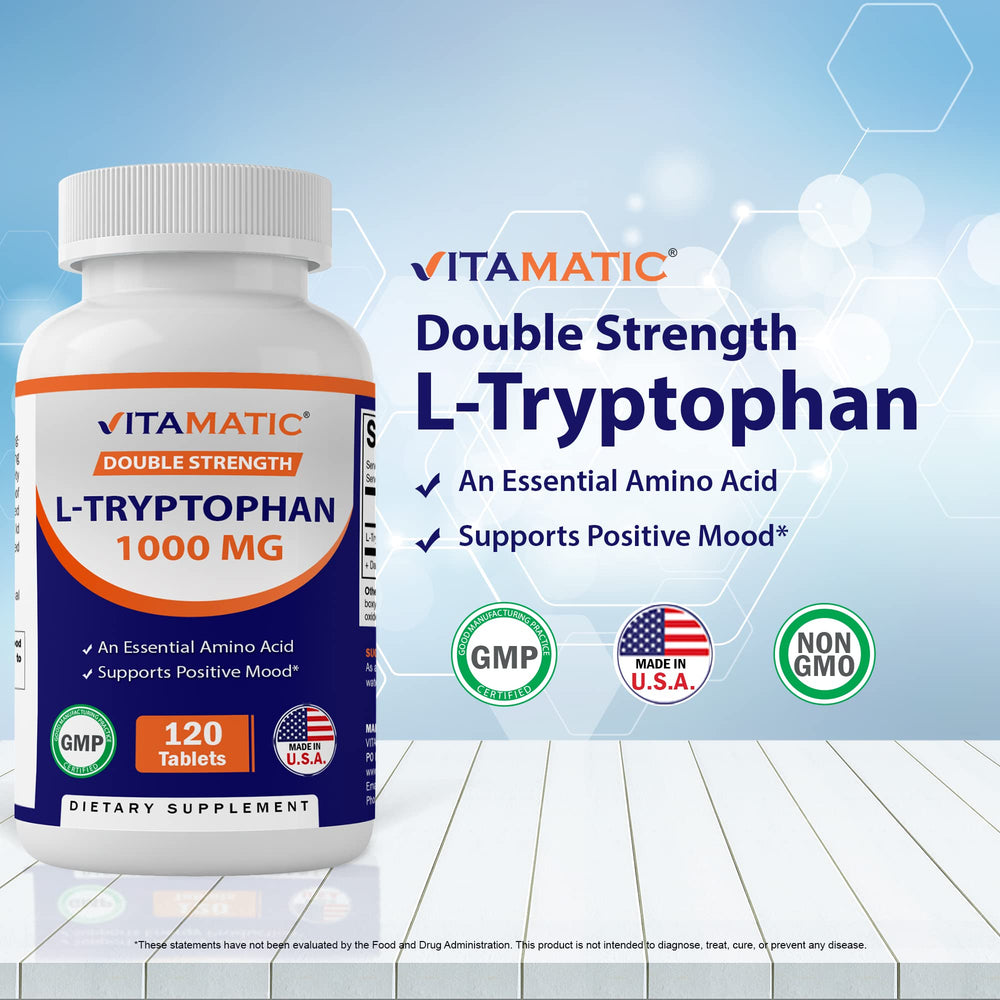 Label for Vitamatic L-Tryptophan 1000mg 120 Tablets bottle