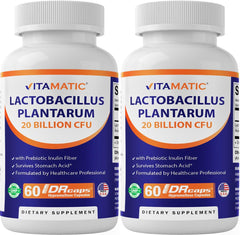 Vitamatic Lactobacillus Plantarum bottle showing 20 Billion CFU per DR Capsule