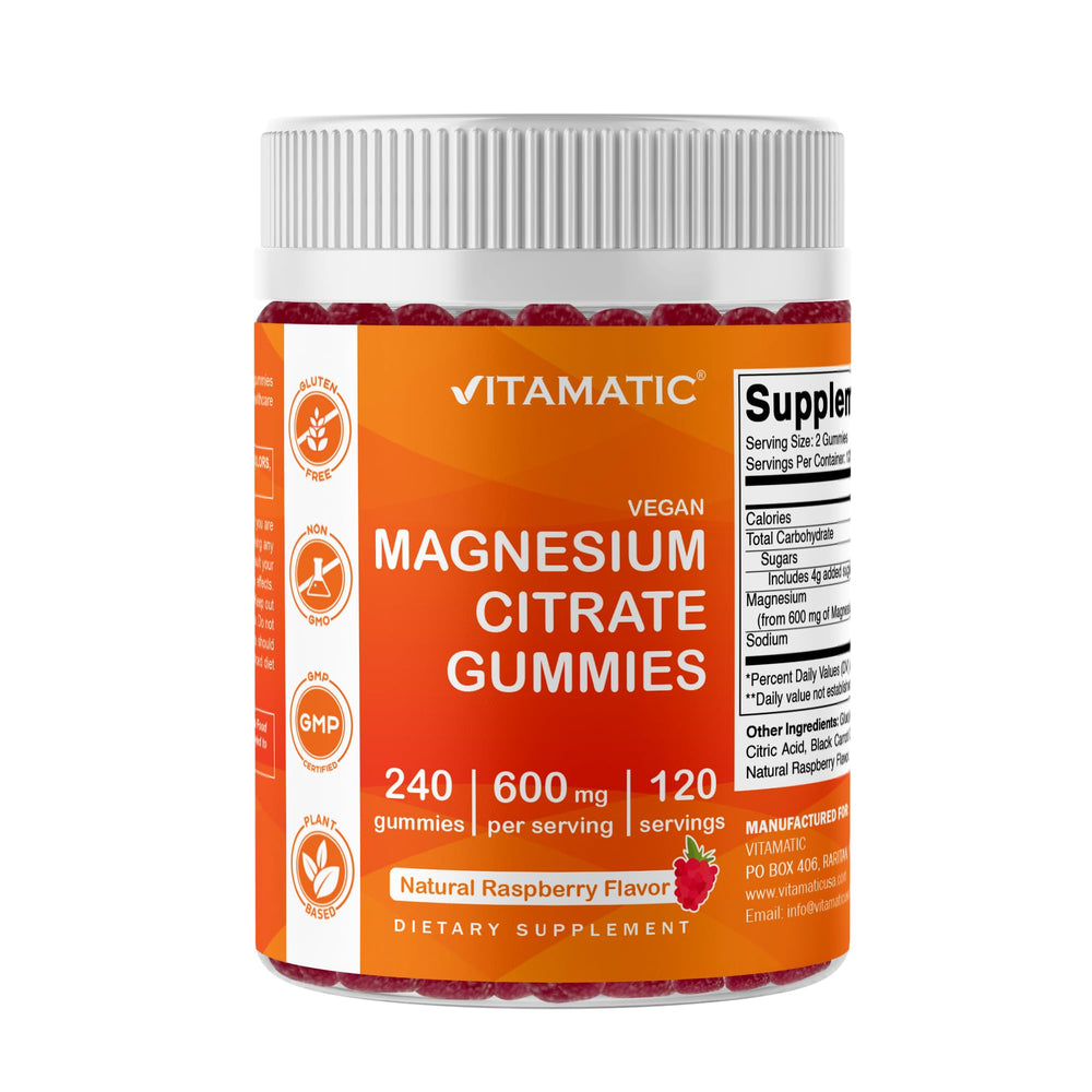 Front view of Vitamatic Magnesium Citrate Gummies Raspberry flavor bottle