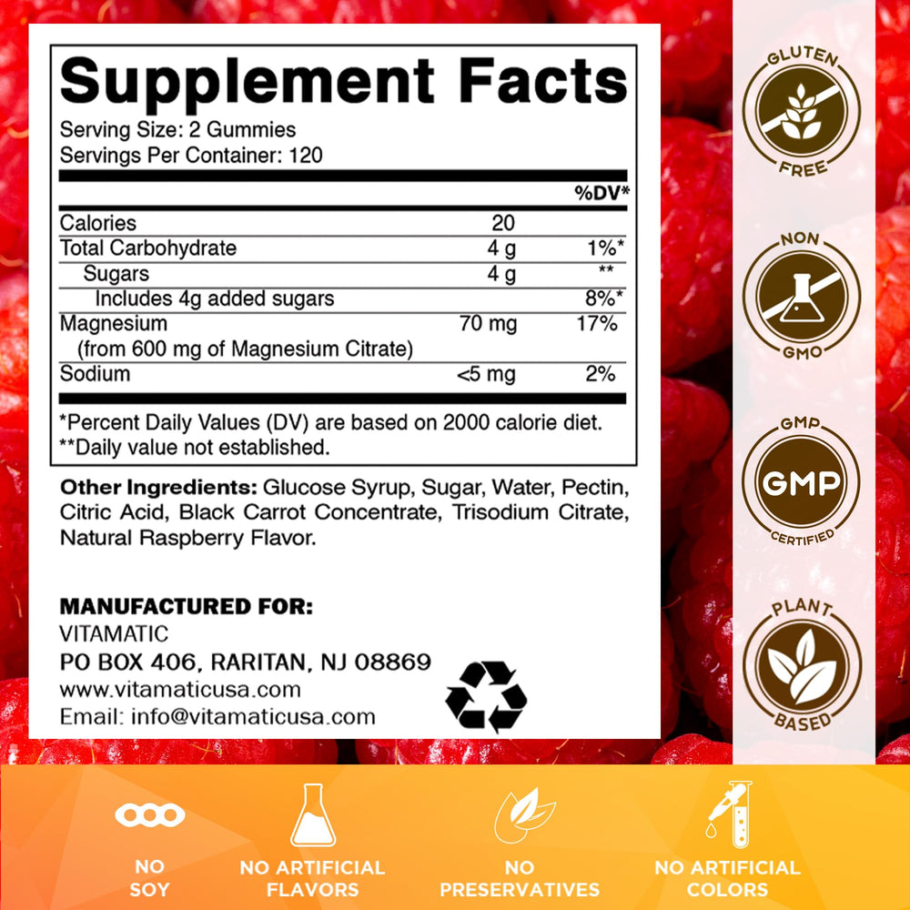 Packaging for Vitamatic Magnesium Citrate Gummies Raspberry flavor