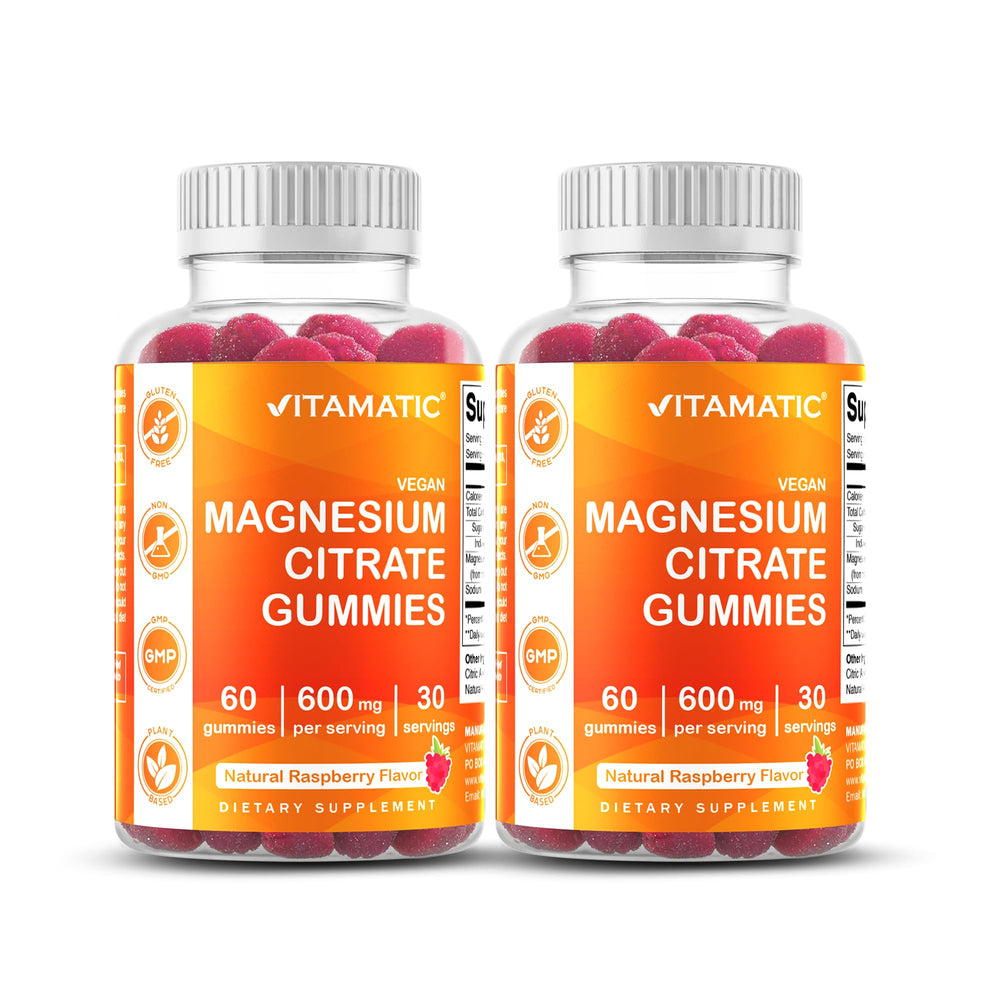 Vitamatic Magnesium Citrates Gummies bottle front with raspberry flavor for daily wellness and easy consumption.