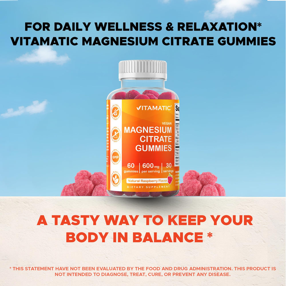 Vitamatic Magnesium Citrates Gummies night-time routine scene implying relaxation-friendly flavor and easy chew.