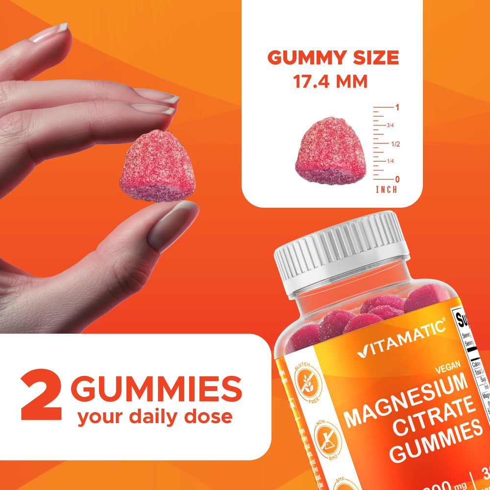 Vitamatic Magnesium Citrates Gummies serving-dispensing image highlights 600 mg per serving and convenient chewable format.